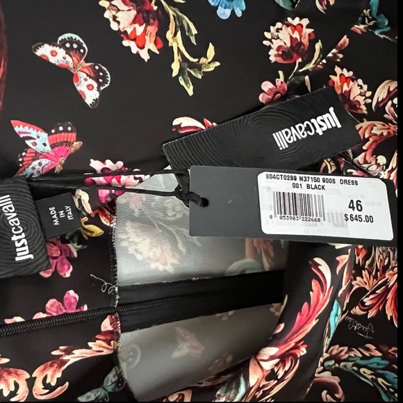 JUST CAVALLI Black Floral Print Shift Midi Cocktail Evening Dress NWT - Picture 9 of 10